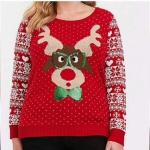 EUC Torrid sz 1 Reindeer with Green sequin holiday sweater